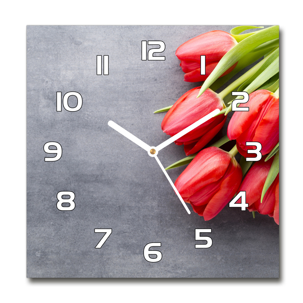 Sklenené hodiny štvorec Červené tulipány