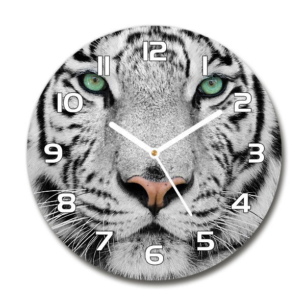 Sklenené hodiny okrúhle Biely tiger