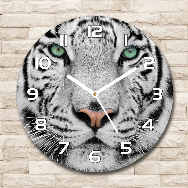 Sklenené hodiny okrúhle Biely tiger