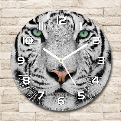 Sklenené hodiny okrúhle Biely tiger