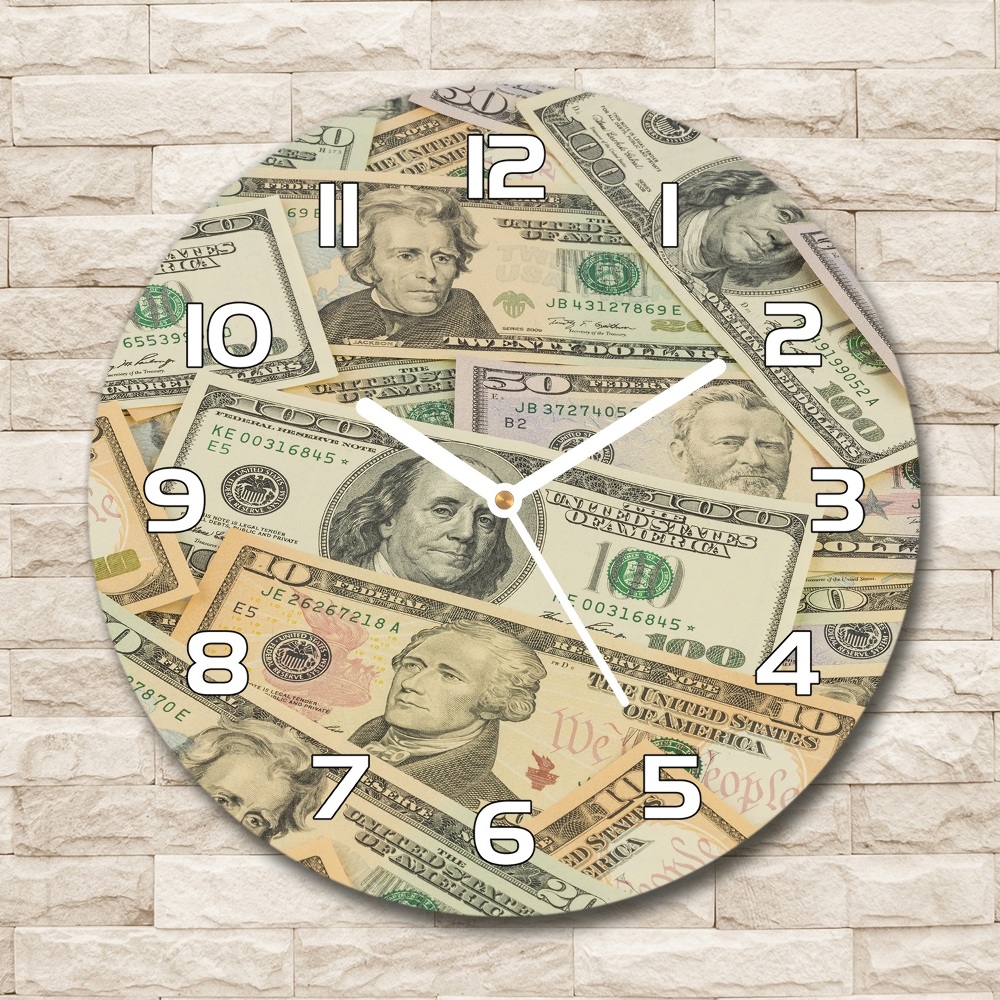 Sklenené nástenné hodiny okrúhle Peniaze doláre