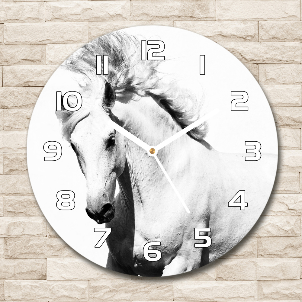 Sklenené hodiny okrúhle Biely kôň
