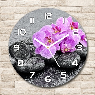 Sklenené hodiny okrúhle Orchidea a kamene