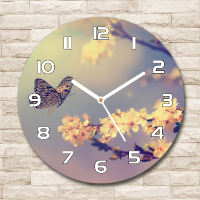 Sklenené hodiny okrúhle Kvet višne a motýľ