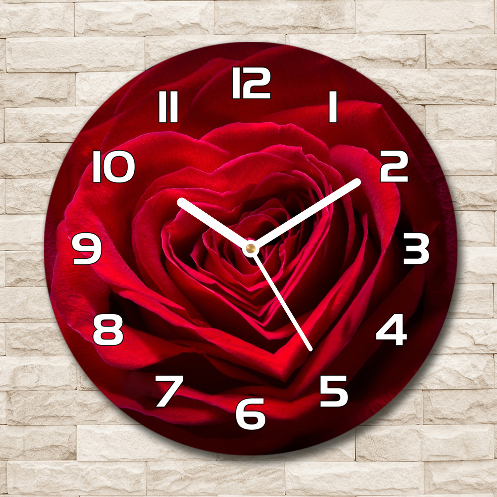 Sklenené hodiny okrúhle Červená ruža srdce