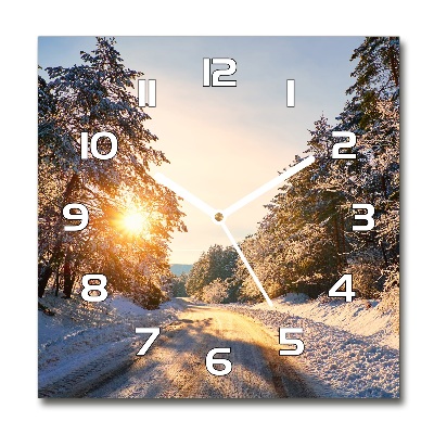 Sklenené nástenné hodiny okrúhle Cesta v lese zima