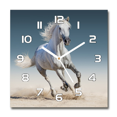 Sklenené hodiny okrúhle Biely kôň v cvale
