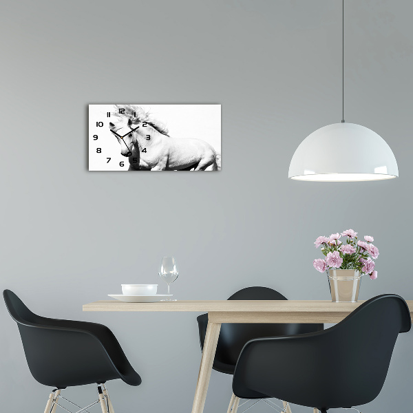 Vodorovné Moderné sklenené hodiny na stenu Biely kôň