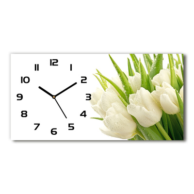 Vodorovné Sklenené hodiny na stenu tiché Biele tulipány
