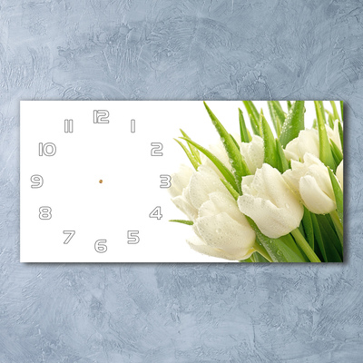 Vodorovné Sklenené hodiny na stenu tiché Biele tulipány