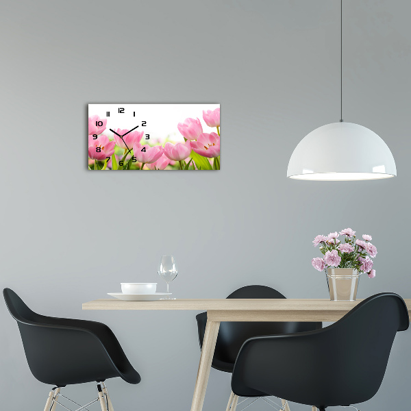 Vodorovné Sklenené hodiny na stenu Ružové tulipány