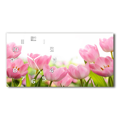 Vodorovné Sklenené hodiny na stenu Ružové tulipány