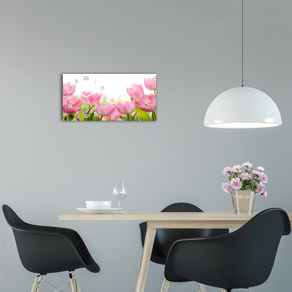Vodorovné Sklenené hodiny na stenu Ružové tulipány