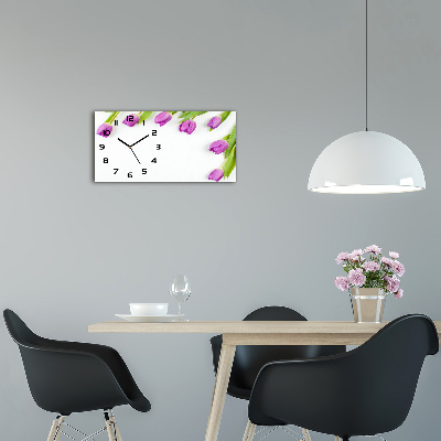Vodorovné Sklenené hodiny na stenu Fialové tulipány