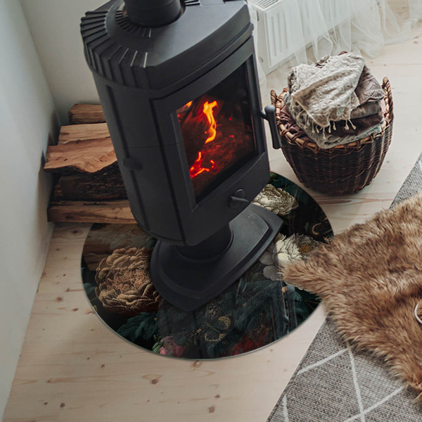 Okrúhla sklenená podložka pod krb Kvetinový motív s motýľmi