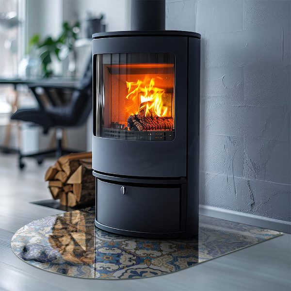 Polovičná oválna sklenená podložka pod krb Mozaikový motív s kvetinovými akcentmi