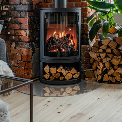 Rohová sklenená podložka pod krb Betónová konštrukcia s efektom