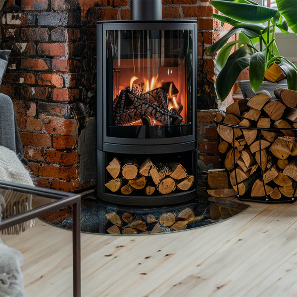 Rohová sklenená podložka pod krb Štýlové listy v štruktúre