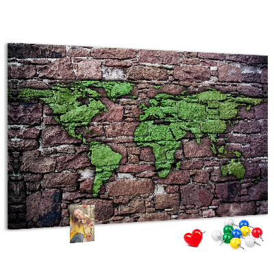 Nástenka Zelená mapa sveta na kamennej stene