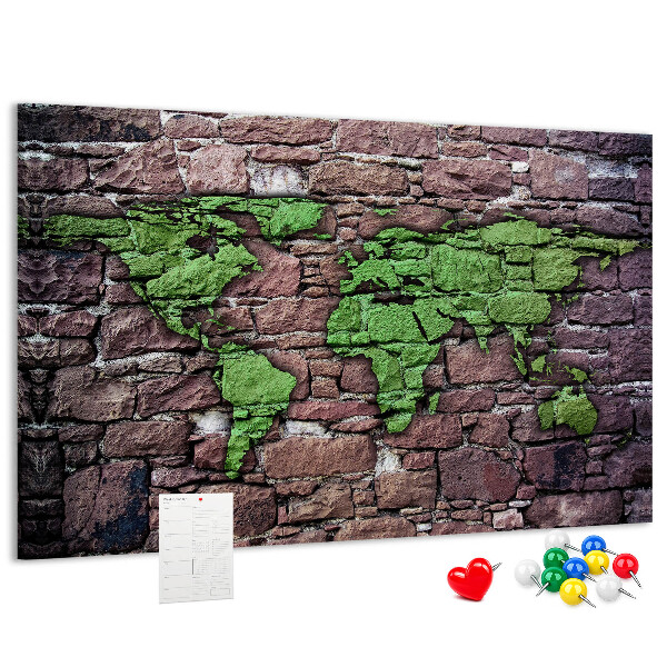 Nástenka Zelená mapa sveta na kamennej stene