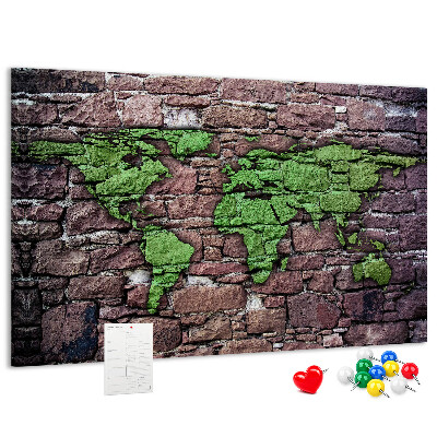 Nástenka Zelená mapa sveta na kamennej stene