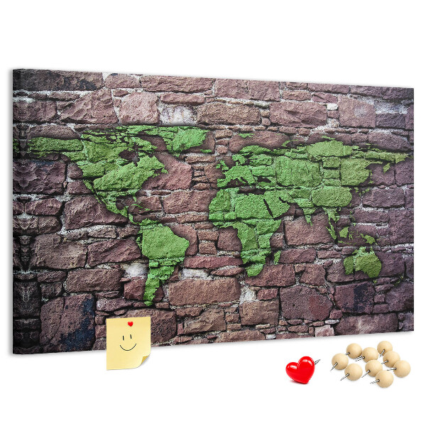 Nástenka Zelená mapa sveta na kamennej stene