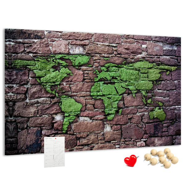 Nástenka Zelená mapa sveta na kamennej stene