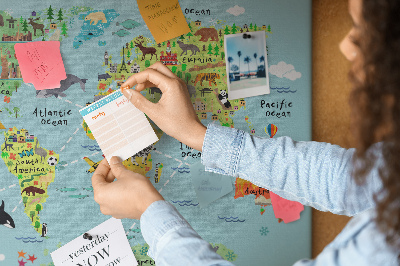 Korková nástenka na stenu Farebná mapa sveta so zvieratami a kontinentmi