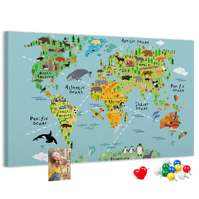 Korková nástenka na stenu Farebná mapa sveta so zvieratami a kontinentmi