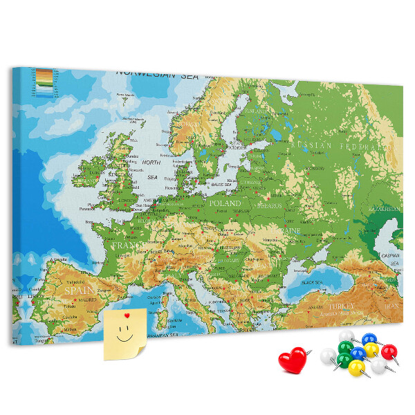 Korková tabuľa Mapa Európy so zemepisnými označeniami.