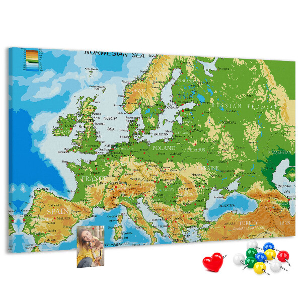 Korková tabuľa Mapa Európy so zemepisnými označeniami.