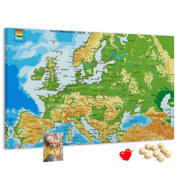 Korková tabuľa Mapa Európy so zemepisnými označeniami.