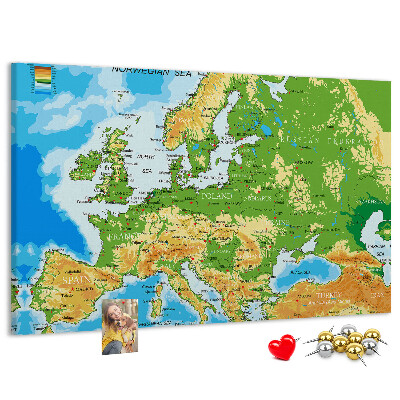Korková tabuľa Mapa Európy so zemepisnými označeniami.