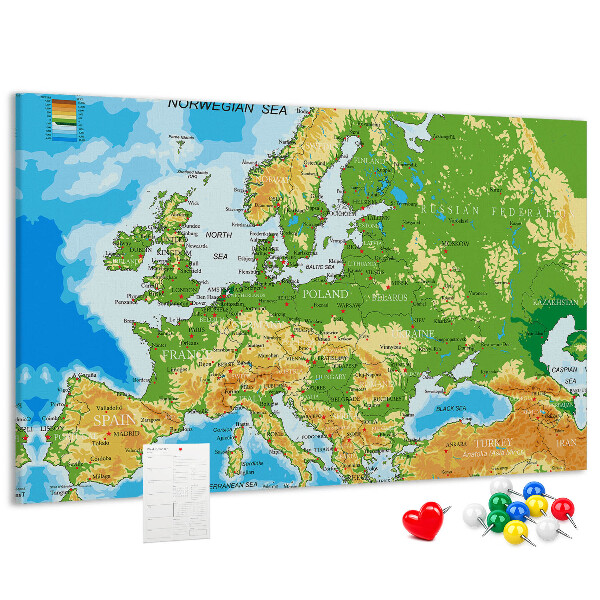 Korková tabuľa Mapa Európy so zemepisnými označeniami.