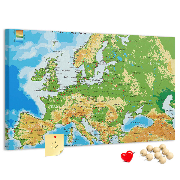 Korková tabuľa Mapa Európy so zemepisnými označeniami.