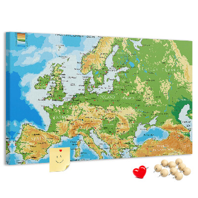 Korková tabuľa Mapa Európy so zemepisnými označeniami.