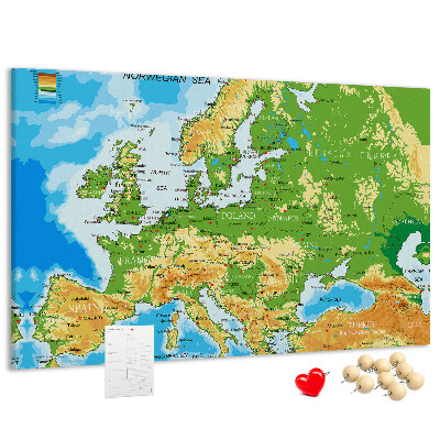 Korková tabuľa Mapa Európy so zemepisnými označeniami.