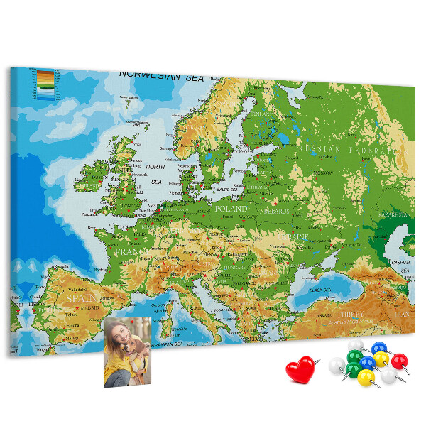 Korková tabuľa Mapa Európy so zemepisnými označeniami.