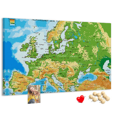 Korková tabuľa Mapa Európy so zemepisnými označeniami.