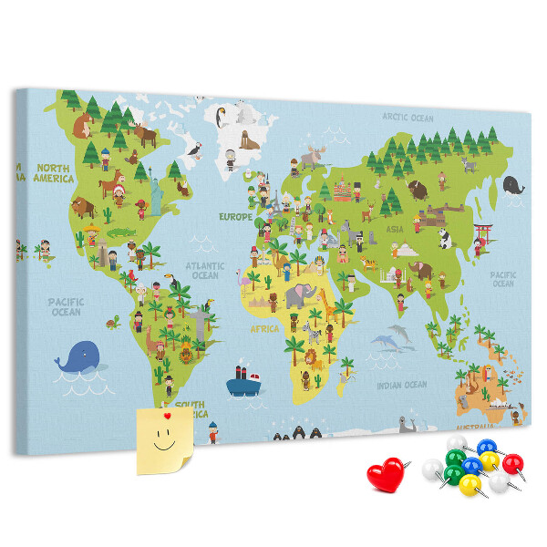 Nástenka Farebná mapa sveta s figúrkami zvierat.