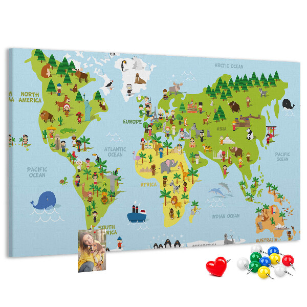Nástenka Farebná mapa sveta s figúrkami zvierat.