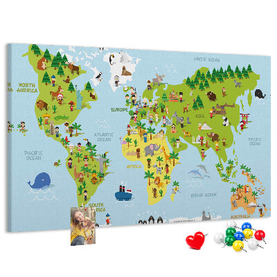 Nástenka Farebná mapa sveta s figúrkami zvierat.