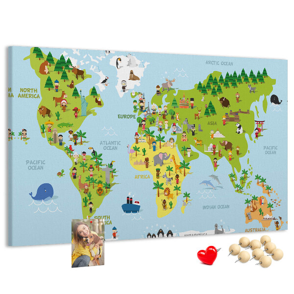 Nástenka Farebná mapa sveta s figúrkami zvierat.