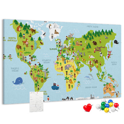 Nástenka Farebná mapa sveta s figúrkami zvierat.