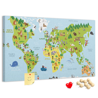 Nástenka Farebná mapa sveta s figúrkami zvierat.