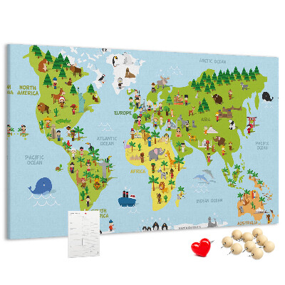 Nástenka Farebná mapa sveta s figúrkami zvierat.
