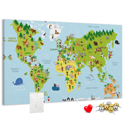 Nástenka Farebná mapa sveta s figúrkami zvierat.