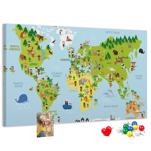 Nástenka Farebná mapa sveta s figúrkami zvierat.