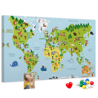 Nástenka Farebná mapa sveta s figúrkami zvierat.