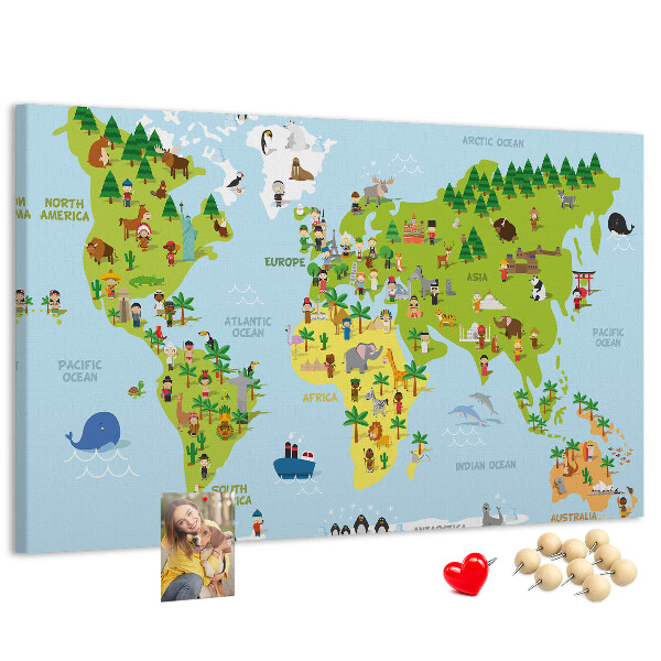 Nástenka Farebná mapa sveta s figúrkami zvierat.